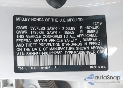 2020 Honda Civic Sport z USA, uszkodzony, nr VIN SHHFK7H48LU212850